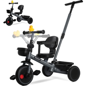 image:imageKRIDDO 2in1 Tricycle for Toddlers 155 Years Push Tricycle with Parent Steering Detachable Handle 9Stage Adjustable Handlebar Toddler Trike with Safety Belt Clutch Pedals amp Dual Basket PinkGrey